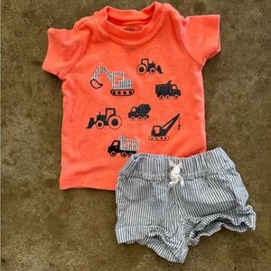 Coral/Orange Construction Print Baby T-Shirt and Striped Shorts Set